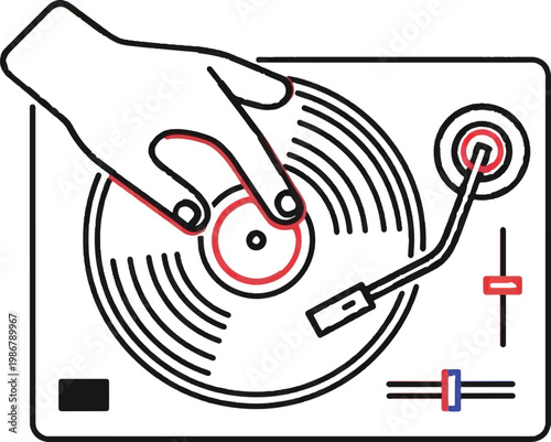 DJ hand, vinyl record player, turntable icon, music equipment, sound mixer