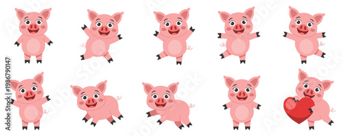 Set of ten cartoon pink pig characters in various poses including standing waving jumping and holding a red heart shape isolated on a white background