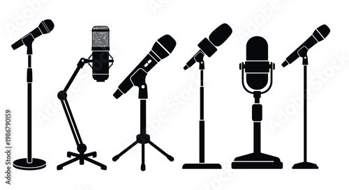 Collection of black silhouette microphones on stands various styles