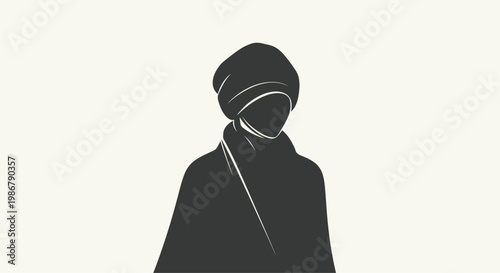 Black Silhouette of Woman Wearing Turban on White Background