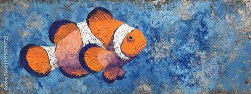 Colorful Clownfish on Textured Blue Background in Artistic Style