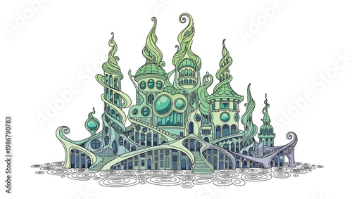 Fantasy castle with green towers and swirling architecture on an island.