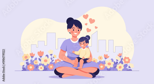 Happy Mothers Day Loving Mom Hugging Child Family Care Flat Vector Illustration