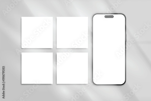 Smartphone mockup with blank screen and social media post interface mockup on soft shadow. Clean modern layout for social media post, UI presentation, branding showcase, and digital marketing design