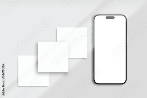 Smartphone mockup with blank screen and social media post interface mockup on soft shadow. Clean modern layout for social media post, UI presentation, branding showcase, and digital marketing design