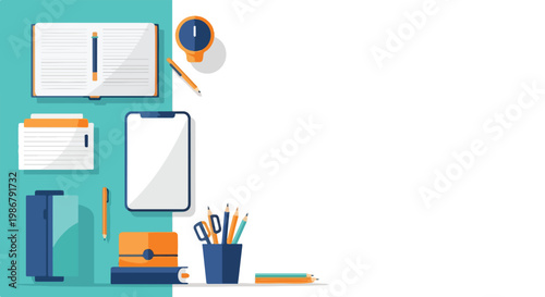 This flat illustration depicts a neat workspace with a smartphone, notebooks, pens, and various stationery items on a teal and white background.