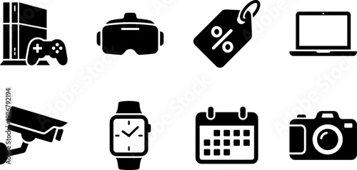 Modern flat design vector illustration featuring a diverse set of technology, gaming, and lifestyle icons. Ideal for digital marketing, presentations, web design, and educational materials.