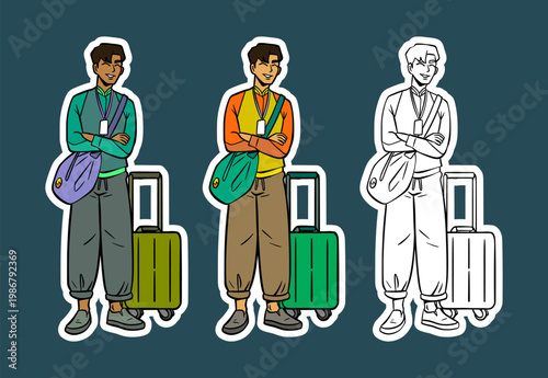 Cartoon Character of a Teen Boy Standing with Luggage