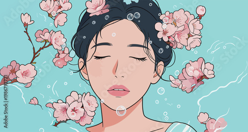 Woman with Sakura Blossoms in Bath Concept