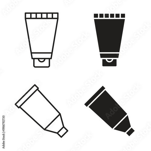 Cream tube icon collection in black color. Stroke Lines and flat silhouette style icons
