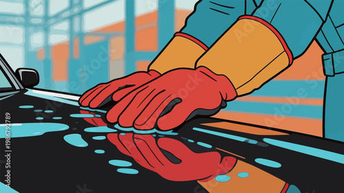 Worker Wearing Gloves Polishing Car