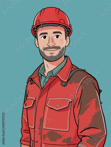 Young Male Worker in Red Hard Hat and Coveralls