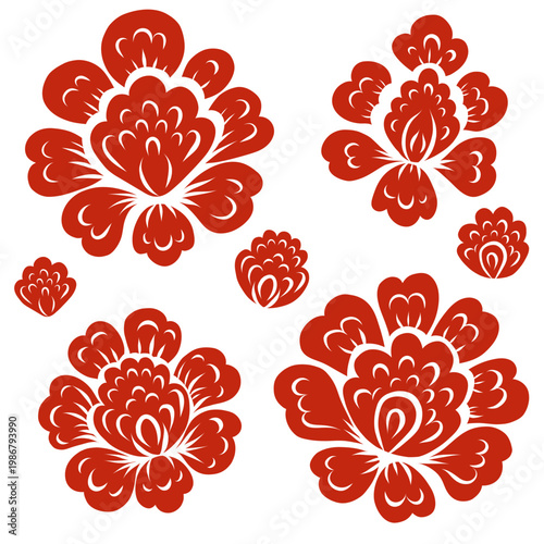 Vector set of red decorative flowers isolated from background. Collection of floral folk art clip art. Tracery flowers silhouette