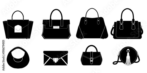 Vector set of black silhouette of various bags. Monochrome fashionable set of purses clip arts