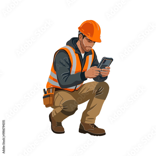 A construction worker crouches while checking a tablet outdoors.