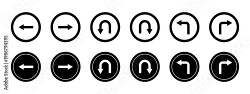 Set of black and white circular road traffic navigation signs with various directional arrows.