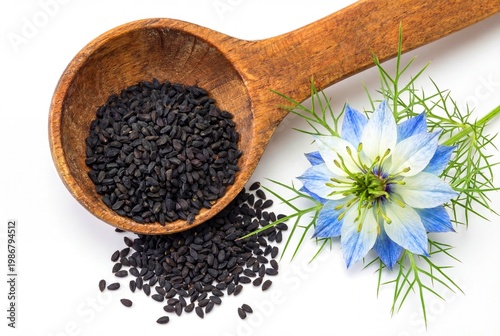 Black Cumin Seeds and Nigella Sativa Flower on White Background