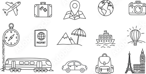 Collection of black and white line art icons depicting various modes of transportation and infrastructure