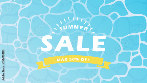 サマーセール用のバナー素材　水面背景　黄色いリボンの帯