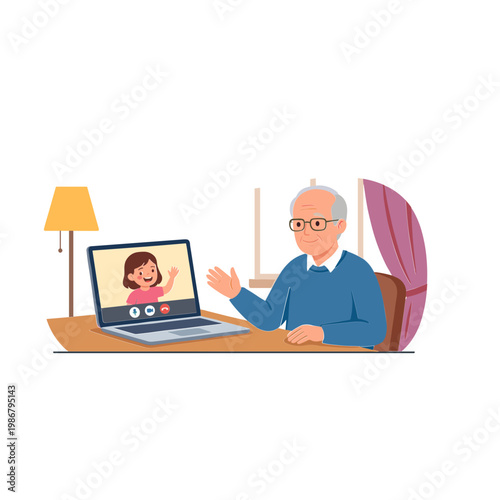 An elderly man engages in a video call with a younger woman on his laptop at home.