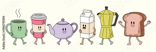 Hand Drawn Coffee Mascot Set – Cute Character Illustrations of Coffee-Themed Figures, Doodle Style Vector Collection for Cafes, Branding, Stickers, Packaging, and Creative Design Projects