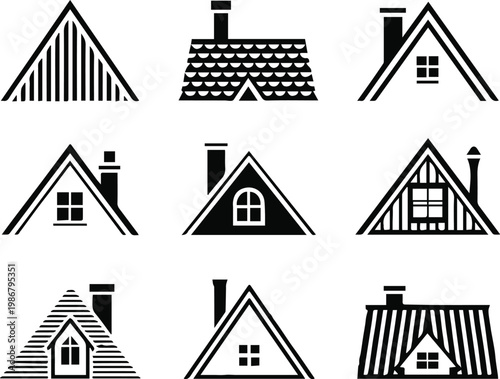 roof gable dormer shingle tile house roof icon grid vector sample set