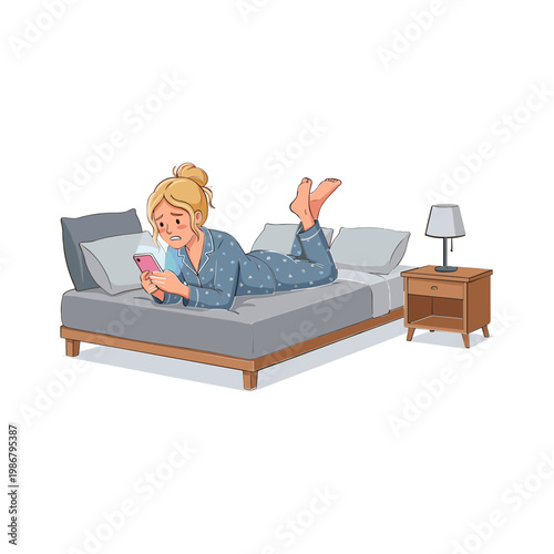 Woman relaxing on bed reading phone at night