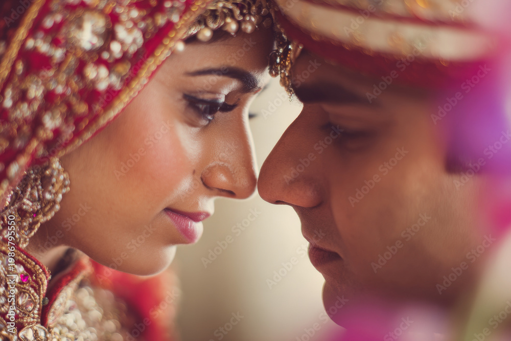 Obraz premium Close-up portrait of indian bride and groom with soft romantic expressions and wedding decorations blurred in background, ultra-sharp focus