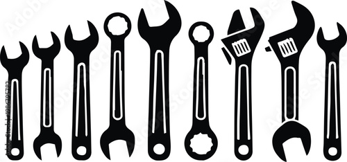 wrench spanner and socket set vector silhouettes for workshop use