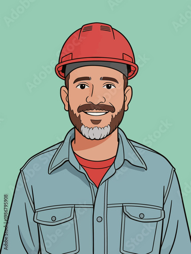 Male Worker in Red Hard Hat and Blue Uniform