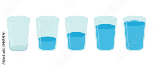 Set of five glasses of water with different filling levels from empty to full, hydration stages and liquid measurement concept, clean vector illustration.