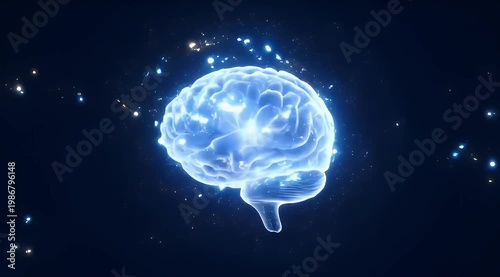 Rotating brain with glowing particles and dynamic energy flow