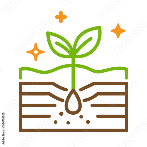 Plant Seedling Growing in Soil with Root and Water Drop Vector Line Icon Agriculture, Gardening, and Ecology Symbol in Green and Brown with Orange Sparkle Accents