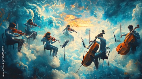 String quartet plays amidst ethereal cloudscape