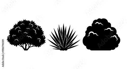 Black silhouette bush and shrub set, minimalist garden plant icons, 3 vector landscape greenery elements for architectural site plans and park design