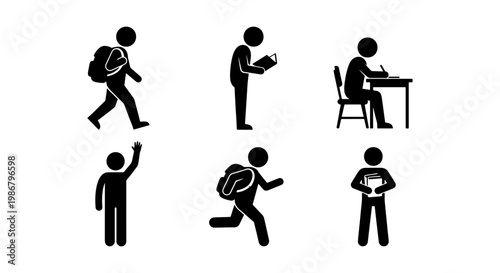 Student stick figure icon set, school pupil silhouette collection with backpack, student reading and writing at desk, educational vector graphics