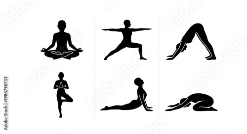 Yoga pose silhouettes set, black female figures in 6 meditation and fitness positions, minimalist wellness vector icons for health and spa branding