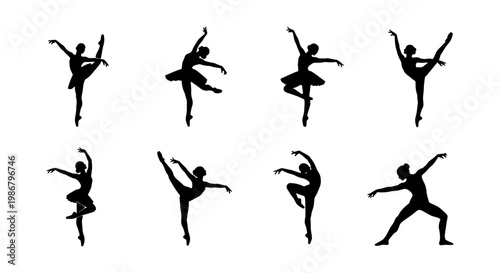 Ballerina silhouette vector set, 8 elegant ballet dancer poses in black, graceful female performers in tutu and pointe shoes, classical dance icons