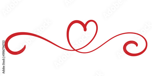 Handwritten divider for text or design with heart. Red ink continuous line creates heart shape. Romantic sign on the theme of love, passion, confession, feelings. Vector graphics