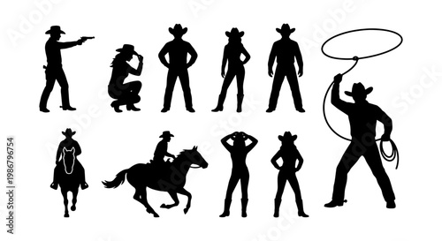 Wild West cowboy silhouettes set, 10 western character vector icons, black horse rider and gunslinger figures, lasso and rodeo elements