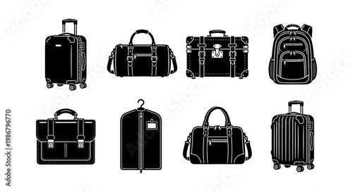 Black luggage icons set, travel bags and suitcases collection, 8 vector silhouettes of baggage, backpack and briefcase for tourism and business trips