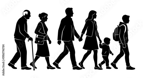 Multigenerational family silhouette walking together, black and white group of people including grandparents and children, diverse family vector illustration