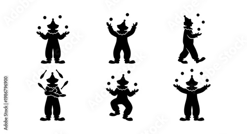 Circus clown silhouette set, 6 juggling performer icons, black vector entertainer figures, carnival showman character collection for event design