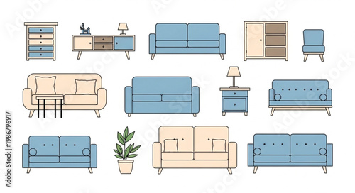 Collection of modern furniture including sofas and cabinets.