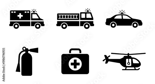Emergency services icon set with 6 black vector elements, ambulance and fire truck silhouettes, police car and rescue helicopter symbols, first aid kit and fire extinguisher