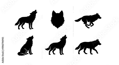 Wolf silhouette vector set, howling wolf and predator head icons, black wild animal silhouettes in various poses, 6 elements for logo design