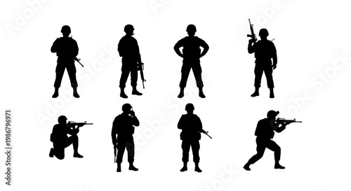 Military soldier silhouettes set, 8 army infantry vector elements, tactical special forces figures with rifles, black combat personnel icons