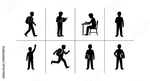 School student silhouette collection, set of 8 boy pupil icons in various poses, black vector figures of children studying and walking with backpacks