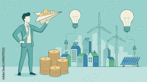 Businessman investing in renewable energy and sustainable urban development