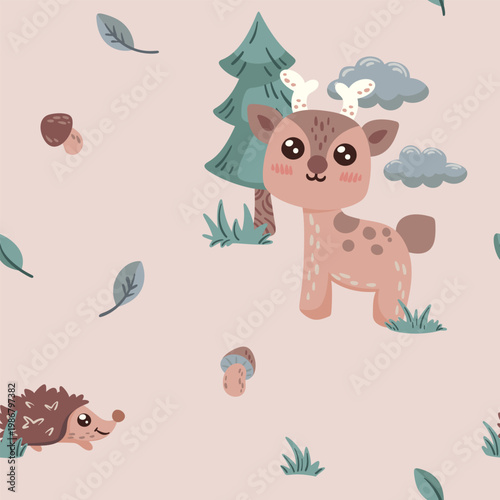 Seamless pattern of cute baby animals, forest life. Childish print design in pastel colors. Hand drawn cartoon deer, little hedgehog, leaves, mushrooms, tree on beige background. Vector illustration.